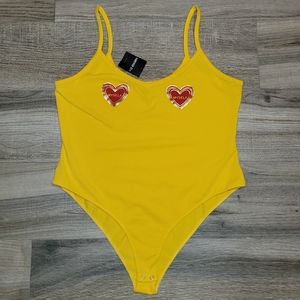Forever21+ Plus Love Myself Hearts Yellow Bodysuit Spaghetti Straps Women's 2X